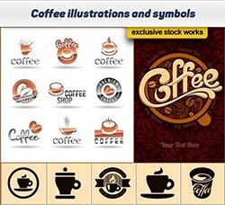7套咖啡热饮类标志和标签：Coffee and hot drinks illustrations and symbols